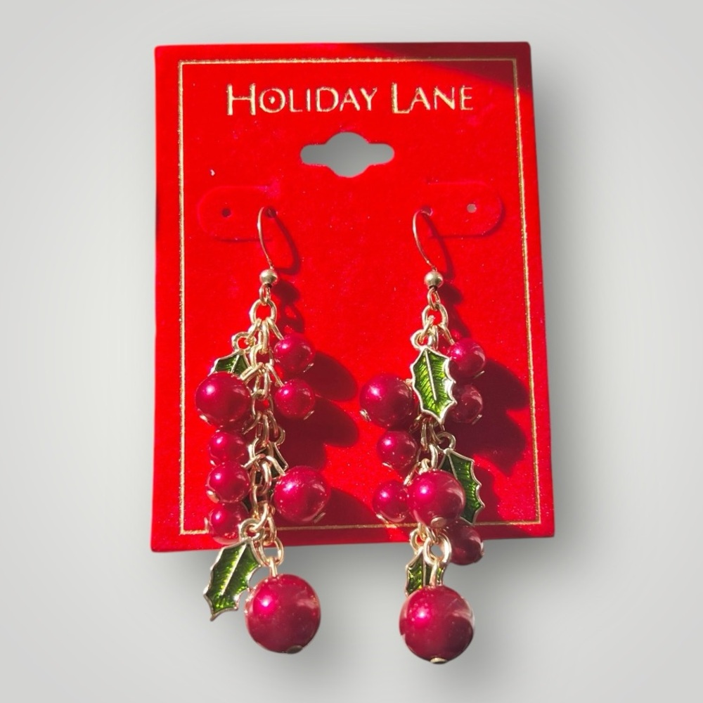 Drop Earrings Gold Tone Red Bead Green Enamel Mistletoe Holiday Lane Gift New - Picture 7 of 9